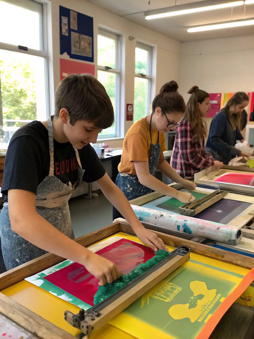A photo of a community outreach event where COUTEAU is teaching screen-printing to local residents, emphasizing the organization's commitment to accessible arts education.