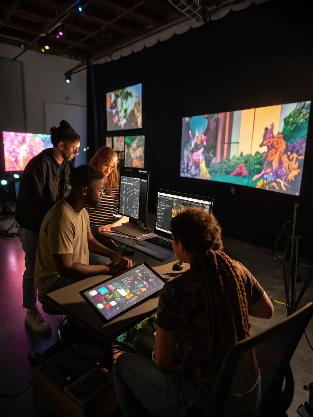 A picture of artists experimenting with different screen-printing techniques and materials, highlighting the innovative and experimental nature of COUTEAU's approach.