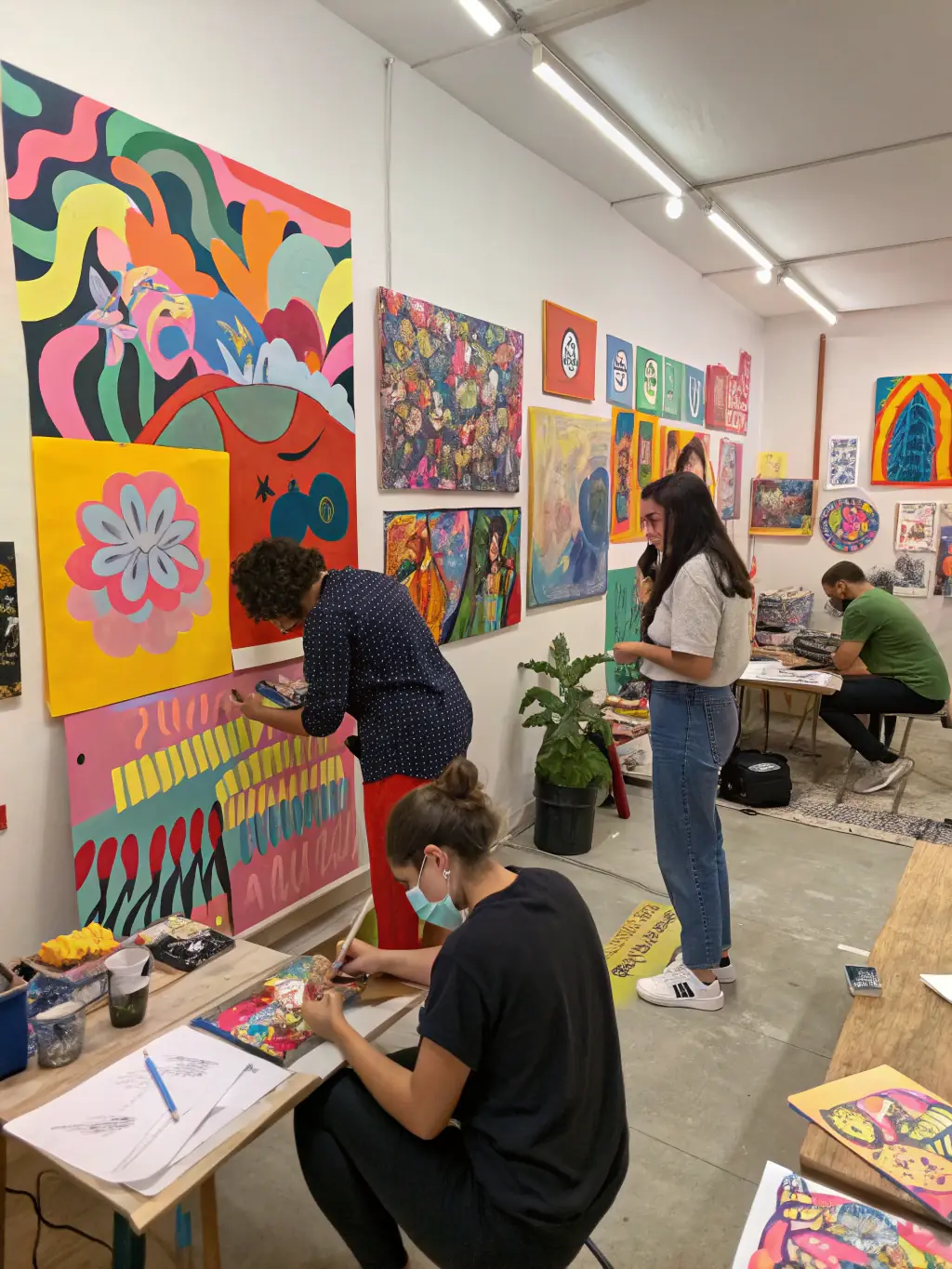 A group of artists collaboratively screen-printing a large-scale artwork in a vibrant workshop setting, showcasing the hands-on nature of COUTEAU's workshops.