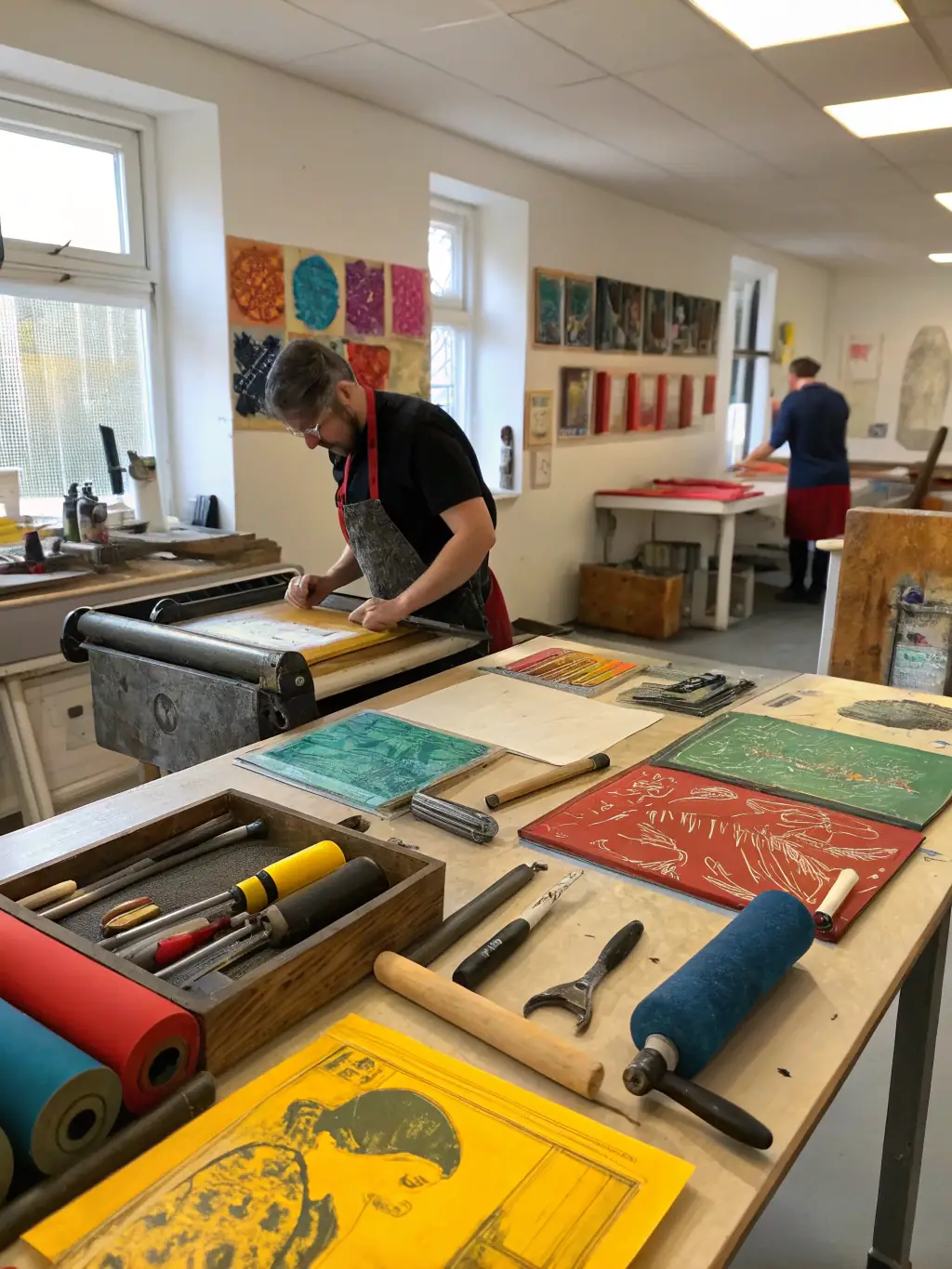 A photograph capturing a screen-printing workshop in progress, with diverse participants actively engaged in creating prints, showcasing the hands-on nature of the program.